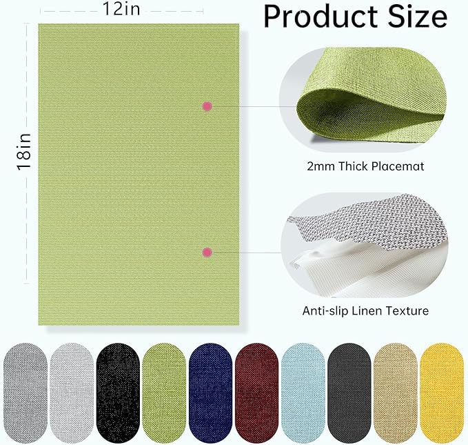 Blue Forest Placemats Set of 6, Dual-Layered Thickened Faux Linen Table Mats Heat Resistant Machine Washable Wrinkle Free Place Mats for Kitchen Dining Outdoor/Indoor (Grass Green)