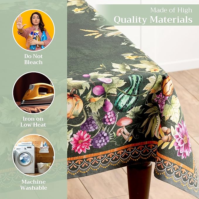 Maison d' Hermine Table Cloth Rectangle Table 100% Cotton 70 x 120 Inches Fall Tablecloth Reusable Everyday Use for Thanksgiving Christmas Decorations Dining Farmhouse (Pumpkin Garden - Dark Green)