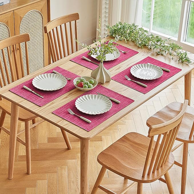 Softalker Faux Linen Placemats Set of 4-12 x 18 Inch, Heat Resistant Double Layered Durable Burlap Farmhouse Place Mats, Non-Slip Washable Rustic Table Mats for Dining, Kitchen, Party（Pink
