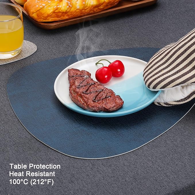 Placemats and Coasters, Washable Reversible Placemats Round Faux Leather Wipeable Place Mats Non Slip Heat Resistant Indoor Outdoor Table Mats (Set of 4, Gray Blue)