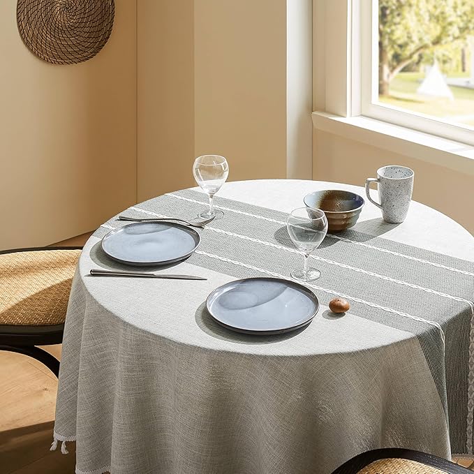 ZeeMart Contrast Linen Round Tablecloth 52 Inch Grey, Farmhouse Style Round Table Cloth Heavy Weight Grey Tablecloths, Water Resistant Burlap Table Cloths
