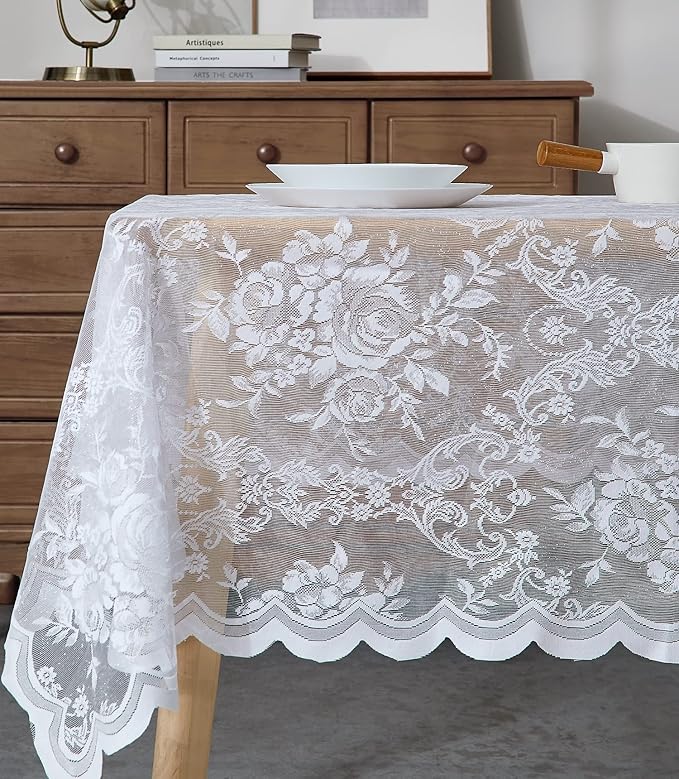 Warm Home Designs 60 x 84 White Rectangular Lace Tablecloth with English Rose Pattern. Rustic Dining Table Cover for 6-8 Guests. LTC White 84