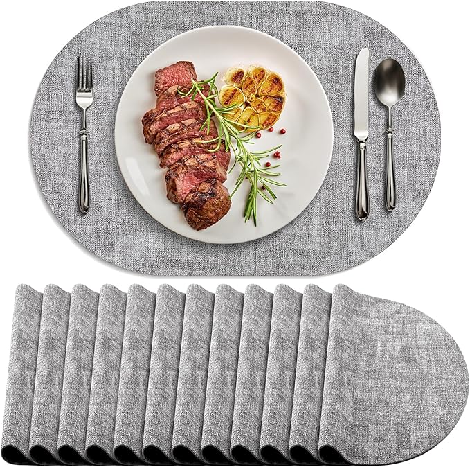 Placemats Set of 12 Washable, Heat Resistant Table Placemats Wipeable Faux Leather Oval Place Mats Non Slip, Waterproof Oval Table Mats for Indoor Outdoor, Gray
