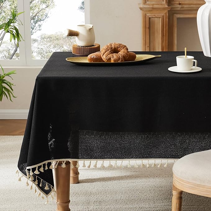 Linen Tablecloth with Tassels, Farmhouse Style Black Tablecloth, Water Resistant Burlap Tablecloths for Rectangle Table, 52x70 Inch Black