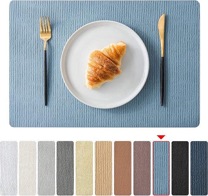 Jovono Faux Leather Placemats Set of 6, Waterproof Washable Table Mats, Easy-Clean Heat Resistant Kitchen Vinyl Place Mat for Dining Table, Restaurant, Indoor, 17.8"x11.8", Light Blue
