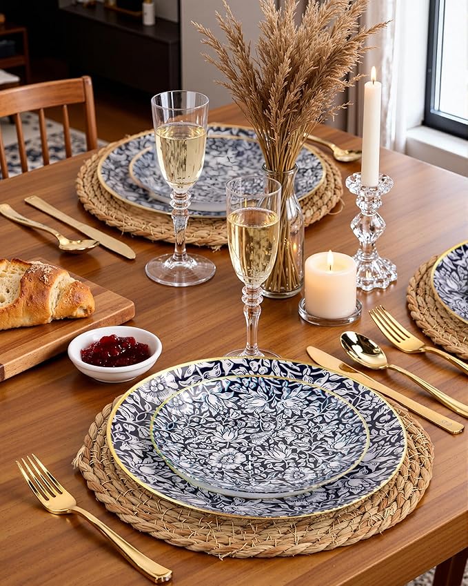 Hioasis 60pcs Plastic Disposable Plates Set - Blue & White Floral Pattern with Gold Rim, 10.25 Dinner & 7.5 Dessert Plates for Wedding,Anniversary,Party and Holiday