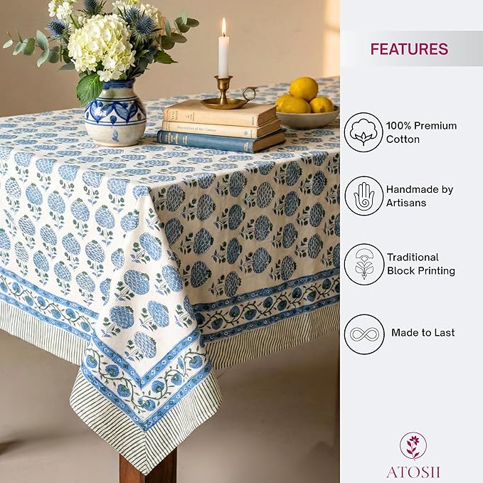 ATOSII Roma Blue 100% Cotton Boho Rectangle Fall Tablecloth, Handblock Floral Print Table Cloth Linen for Kitchen Dining I Parties, Outdoors, Weddings, Christmas, Thanksgiving Decor 60 X 108 Inches