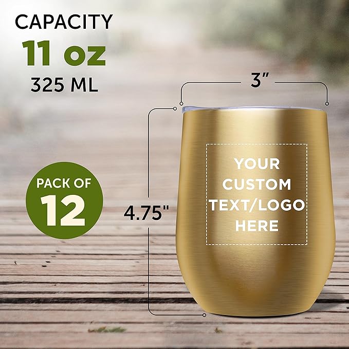 Custom Stemless Wine Glass Tumblers with Lids by Largo 11 oz. Set of 12, Personalized Bulk Pack - Perfect for Wine, Cocktails, Other Hot & Cold Beverages - Gold