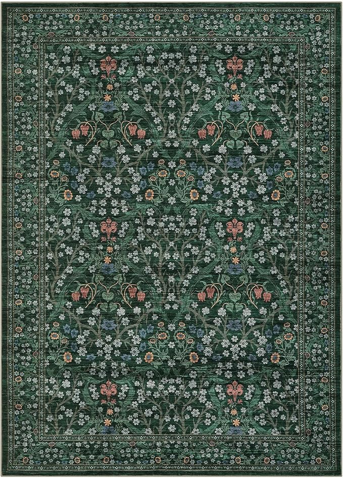 GarveeHome Floral Area Rugs 5x7, Washable Rug for Living Room, Bedroom, Low Pile Non Slip Stain Resistance Indoor Boho Carpet Mat for Farmhouse, Dining Room, Office, Dark Green