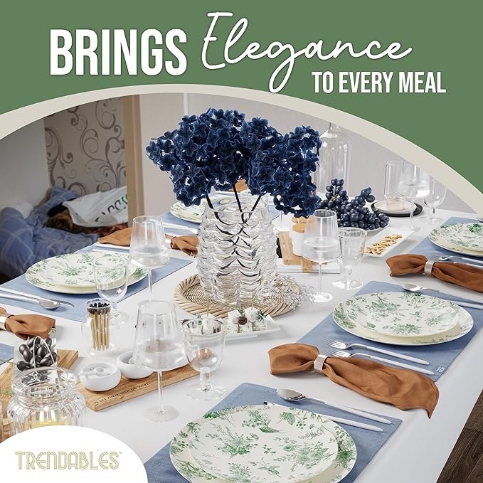 Trendables 40 Piece Plastic Disposable Plates Set For 20 Guests I 20 X 8 Inch Dessert Plates & 20 X 10 Inch Wedding Party Plates | Ivory & Green Verdure Design