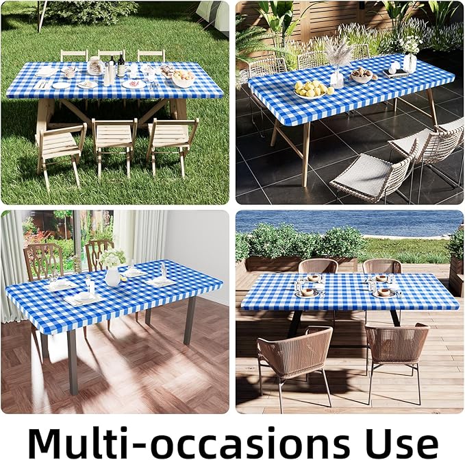 Smiry Rectangle Picnic Table Cloth, Elastic Waterproof Fitted Vinyl Tablecloths, Flannel Backed Buffalo Plaid Table Covers for Dining, Camping, Outdoor (White and Blue, 36" x 72")