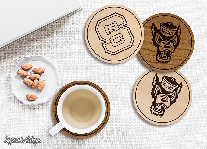 LazerEdge NC State Wolfpack Wooden Coaster Set - Cherry Wood - Officially Licensed Product - 4-Pack