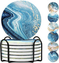 Drink Coasters with Holder, Ceramic Drink Coaster Sets of 6, Marble Blue Ocean Style Absorbent Ceramic Coasters with Cork Base for Home Decor, Kitchen, Gift, Bar, Coffee Table(4 Inches)