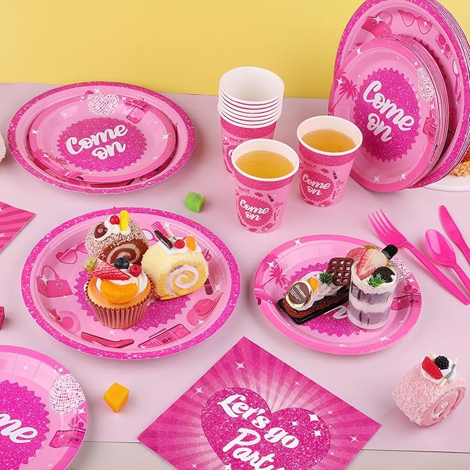 Kochorie 400 Pieces Let's Go Girls Party Tableware Sets Including Disposable Paper Plates Cups Napkins Cutlery Serves 50 for Birthday Disco Pink Cowgirl Bachelorette Party Decorations