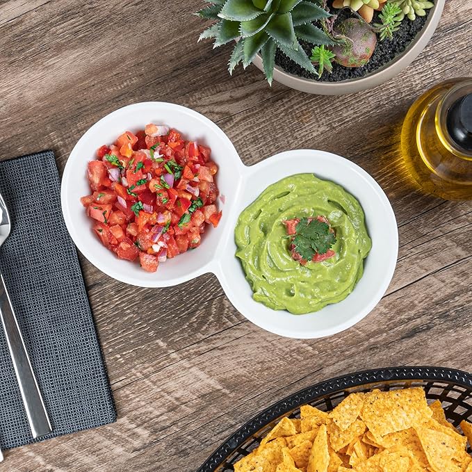 Restaurantware-9.1 x 4.9 x 2.3 Inch Double Dip Bowls, 1 Microwavable Condiment Server - 2 Compartments, Microwavable, White Porcelain Dip Tray, Dishwashable, For Snacks, Condiments, Or Toppings