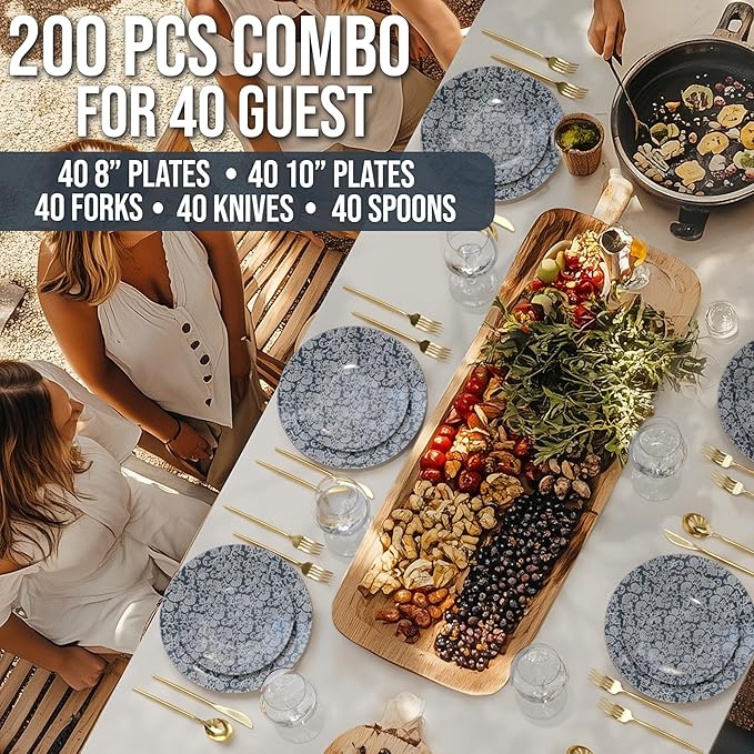 Trendables Fancy Plastic Dinnerware Sets 200 Pc 40 Guests Gold Silverware Disposable 40 X 10 Inch Charger Plates 40 X 8 Inch Dessert Plates 40 x Gold Plastic Forks and Spoons Knives In Garden Damask