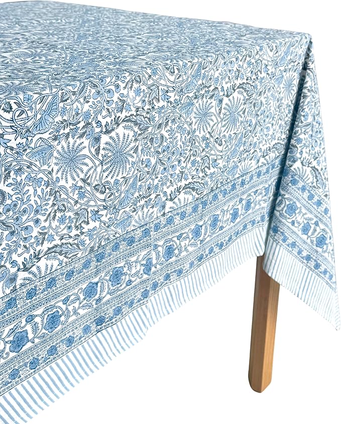 ATOSII Butterfly Blue 100% Cotton Rectangle Summer Tablecloth, Handblock Floral Print Linen Table Cloth for Kitchen Dining I Parties, Weddings, Outdoors, Decor 60 X 108 Inches, 8 Seater