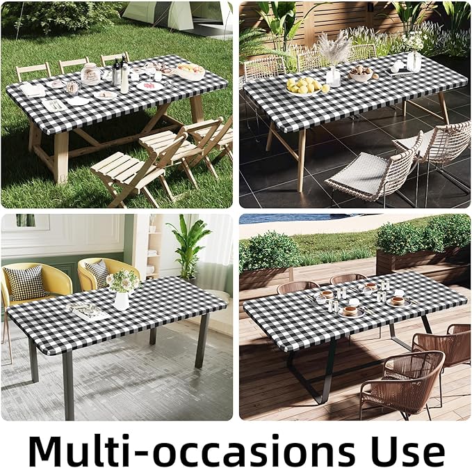 Smiry Rectangle Picnic Table Cloth, Elastic Waterproof Fitted Vinyl Tablecloths, Flannel Backed Buffalo Plaid Table Covers for Dining, Camping, Outdoor (Black and White, 30" x 48")