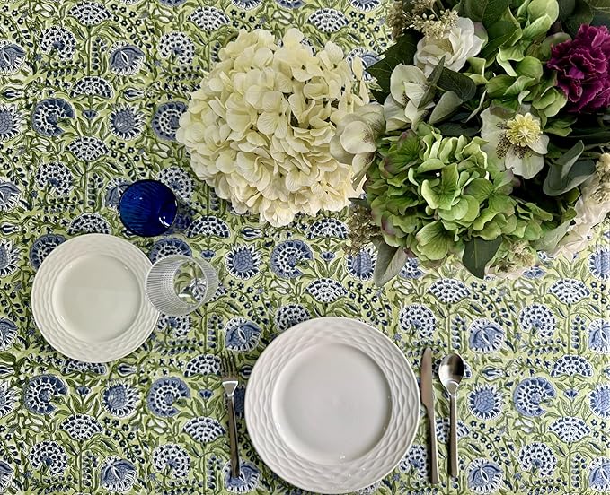 ATOSII Amara Green 100% Cotton Square Fall Tablecloth, Handblock Floral Print Linen Table Cloth for Kitchen Dining I Weddings, Outdoors, Parties, Easter I Fall Decor 60 X 60 Inches I 4 Seater