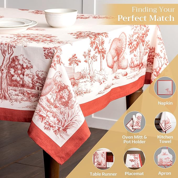 Maison d' Hermine Table Cloth Rectangle Table 100% Cotton 54 x 72 Inches Fall Tablecloth Reusable Everyday Use for Thanksgiving Christmas Decorations Dining Farmhouse Party (Holy Jouy - Red)