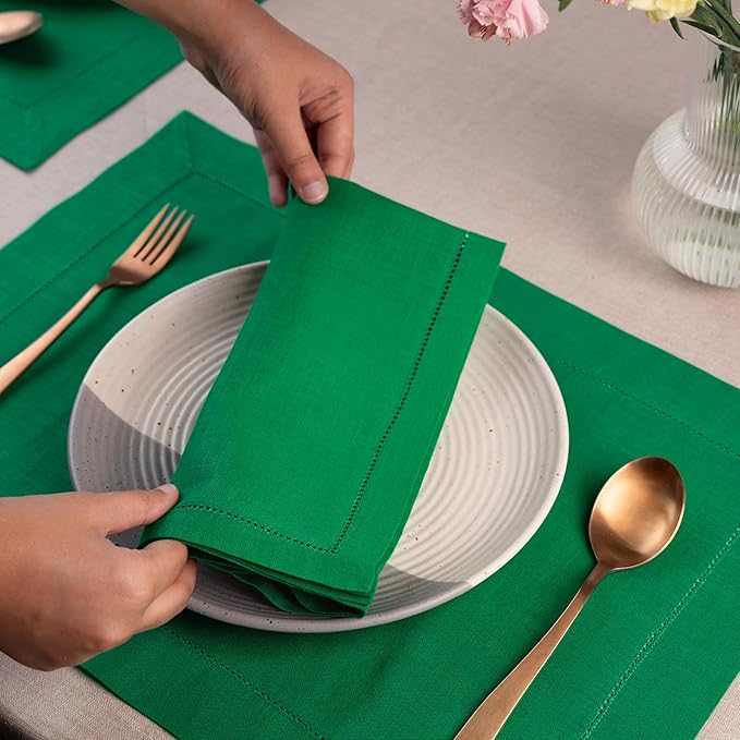 D'Moksha Homes Kelly Green Linen Napkins Set of 4 - Classic Hemstitch 100% Pure Linen Hemstitch Dinner Napkins 20 x 20 Inch for St Patricks Day, Easter - Handcrafted and Machine Washable
