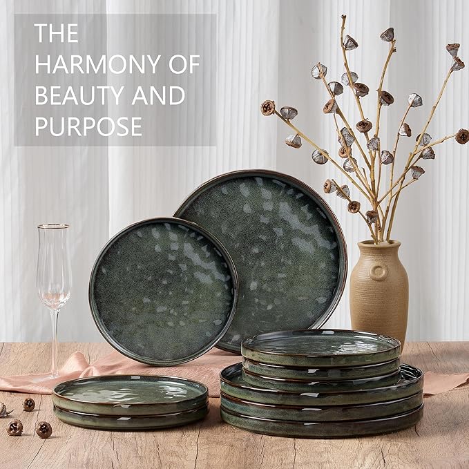 LIANYU Ceramic Dessert Plates Set of 6, 7.9 Inch Kitchen Dinner Plates Set, Porcelain Serving Dishes for Cake, Bread, Salad, Snack and Steak, Microwave, Oven and Dishwasher Safe, Ink Green