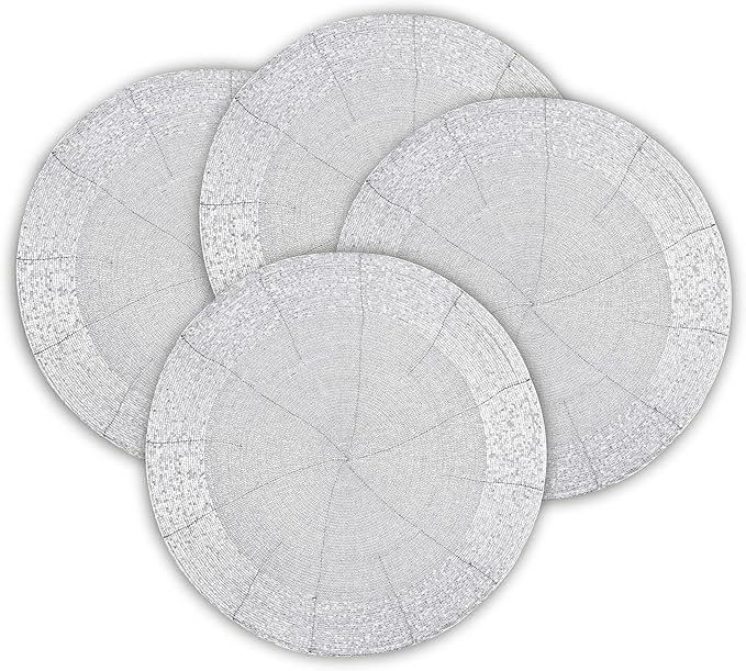 Lightnpro Beaded Placemats Set of 4-13 Inch Round Handmade Table Chargers - Rustic Farmhouse Glitz Table Décor for Dining Room, Christmas, Thanksgiving, Easter & Special Events- Whitish Silver