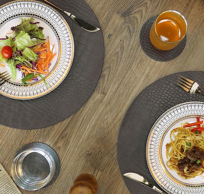 Round Leather Placemats for Round Tables Set of 8, Gray Table Place Mats and Coasters, Washable Easy to Care for Indoor Decor 13" Diameter