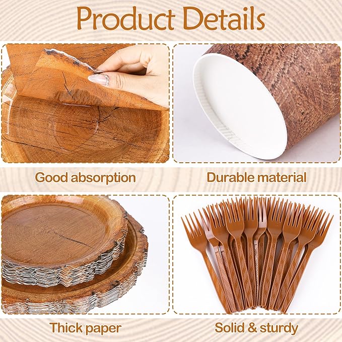 Kochorie 400 Pieces Wood Grain Slice Disposable Party Tableware Sets Rustic Wood Party Supplies Including Plates Cups Napkins Cutlery Serves 50 for Camping Birthday Forest Themed Party Decorations