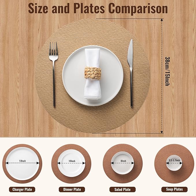 Jovono 15" Faux Leather Big Round Placemats Set of 4 - Washable Heat Resistant Non-Slip Dining Table Mats with Fabric Texture for Kitchen Home Party Decor, Yellow