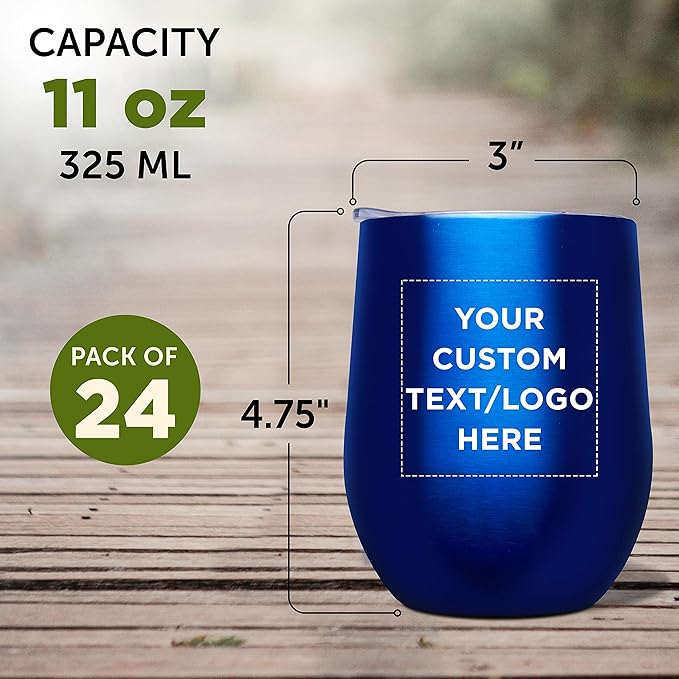 Custom Stemless Wine Glass Tumblers with Lids by Largo 11 oz. Set of 24, Personalized Bulk Pack - Perfect for Wine, Cocktails, Other Hot & Cold Beverages - Blue