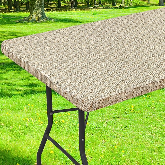 Smiry Rectangle Table Cloth Cover, Waterproof Elastic Fitted Picnic Tablecloth for 4 Foot Tables, Wipeable Flannel Backed Vinyl Tablecloths for Camping, Dining, Outdoor (Sand, 24" x 48")