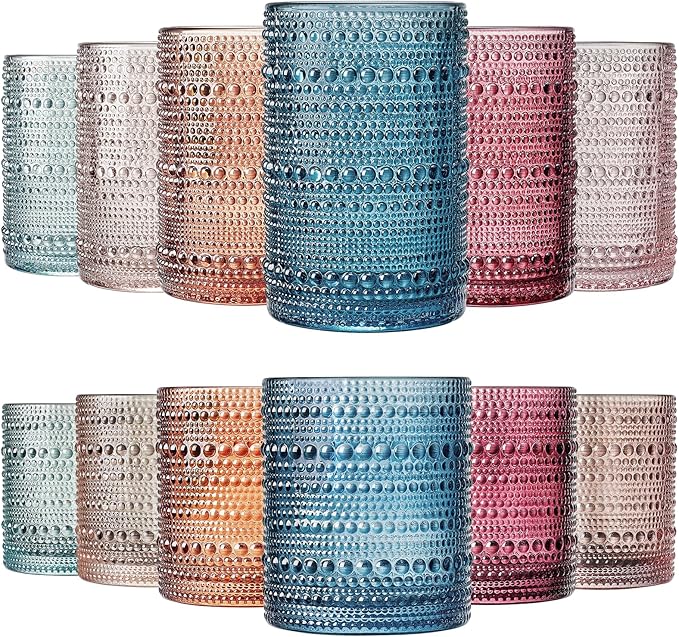 Beaded Hobnail Drinking Glasses Set | Set of 12 | 6x Tumbler 11 OZ + 6x Highball 12 OZ Bubble Design Whiskey Glassware, Old-Fashioned, Embossed Design Glass for Water, Wine, Cocktail HAND WASH ONLY