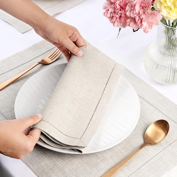 D'Moksha Homes Light Natural Linen Napkins Set of 4 - Classic Hemstitch 100% Pure Linen Hemstitch Dinner Napkins 20 x 20 Inch for Valentines, Spring, Easter - Handcrafted and Machine Washable