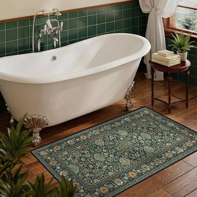 Dark Green Runner Rug 2x4 Rugs Boho Small Washable Runner Rugs for Entryway Bathroom Kitchen, Small Rugs Soft Low Pile Non-Slip Rubber Backing Oriental Door Mat