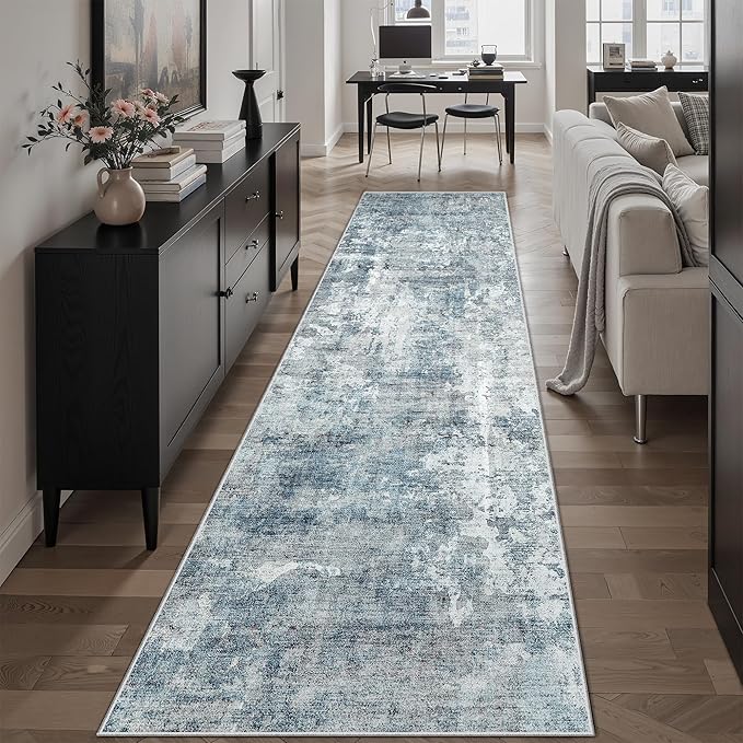 Runner Rug 2'x10' Abstract Washable Non-Slip Runner Rugs for Kitchen Bathroom Laundry Room Blue Vintage Floor Carpet Runners for Hallway Entryway