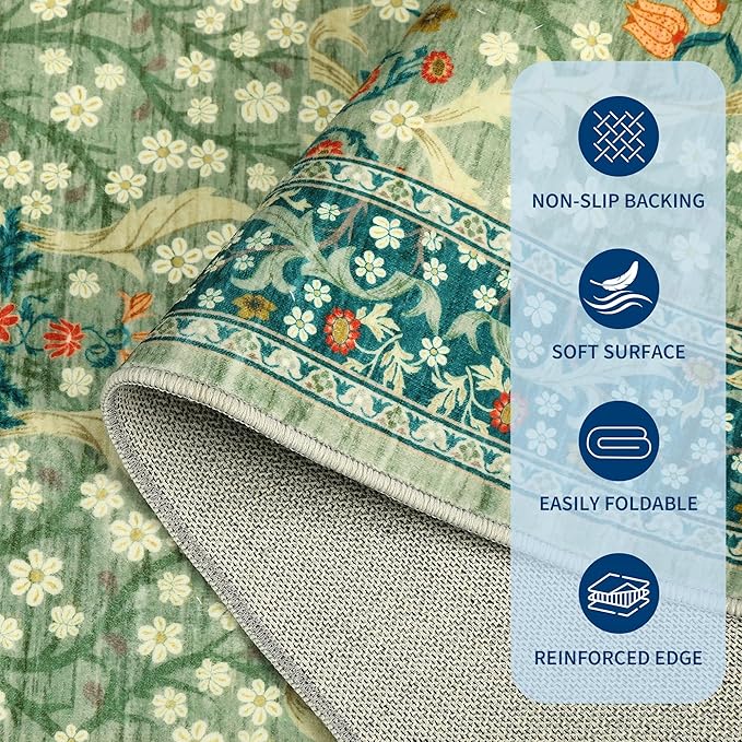 GarveeHome Floral Hallway Runner Rug, 2.5x8 Kitchen Runner Rugs, Washable Non Slip Entryway Rugs Indoor, Ultra-Thin Stain Resistant Carpet Floor Mat for Laundry Room, Sage Green