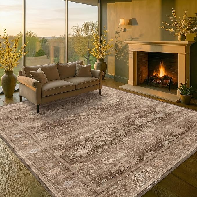 Brown Rug for Living Room 10x12 - Large Vintage Western Eclectic Unique Neutral Taupe, Washable Low Pile Non-Slip Area Rug for Dining Under Table, Bedroom Under Bed, Home Office