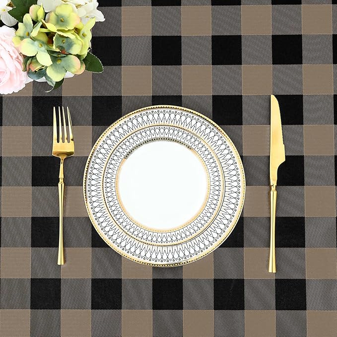 misaya Rectangle Waterproof Vinyl Table Cloth, Buffalo Flannel Backed Tablecloth, Wipeable Plastic Table Cover for Dinner, Kitchen, Outdoor (60" x 84", Black and Khaki)