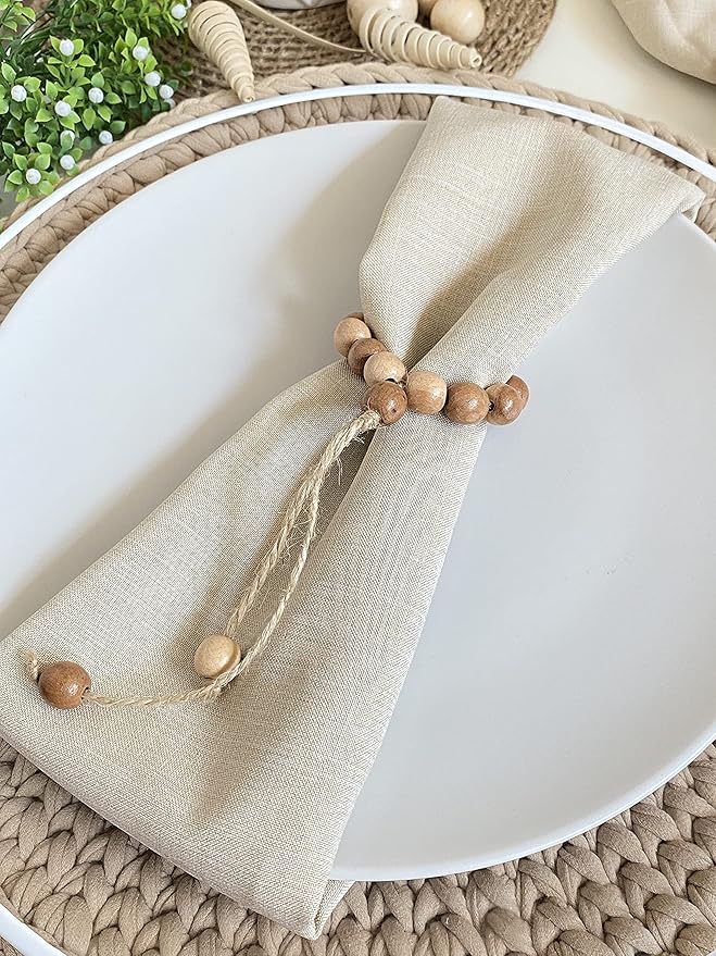 Napkin Rings Set of 6 - Wood Beaded Napkin Rings - Natural Rustic Wooden Napkin Holder Ring for Table - Handmade Wooden Beads Napkin Ring with Jute Twine - Farmhouse Napkin Ring