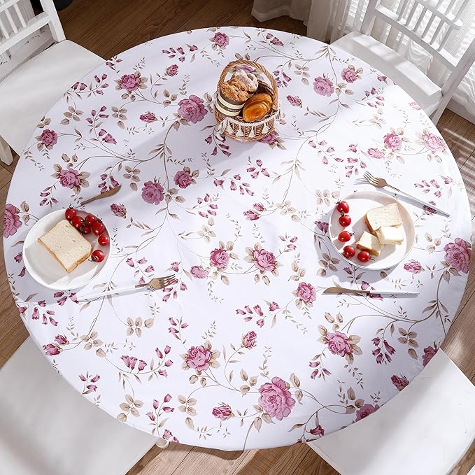 Walrus Round Vinyl Fitted Tablecloth with Flannel Backing Elastic Edge Design Table Cover Waterproof Oil-Proof PVC Table Cloth Stain-Resistant Best for 32"-36" Round