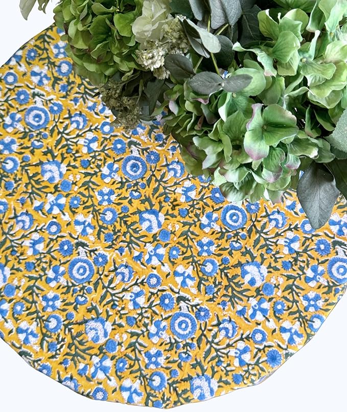 ATOSII Marigold Blue100% Cotton Round Tablecloth, Block Print Floral Table Cloth for Dining, Parties, Weddings, Outdoors, Holidays I 72" Inches, 4 Seater I Grandmillennial Farmhouse Spring Summer Boho