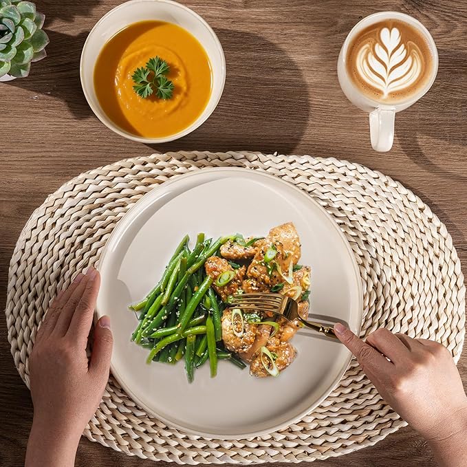 GBHOME Ceramic Dinnerware Sets for 8, 24 Pieces Stoneware Plates and Bowls Sets, Scratch Resistant Dishes, Dishwasher & Microwave Safe, Reactive Glaze-Vanilla color
