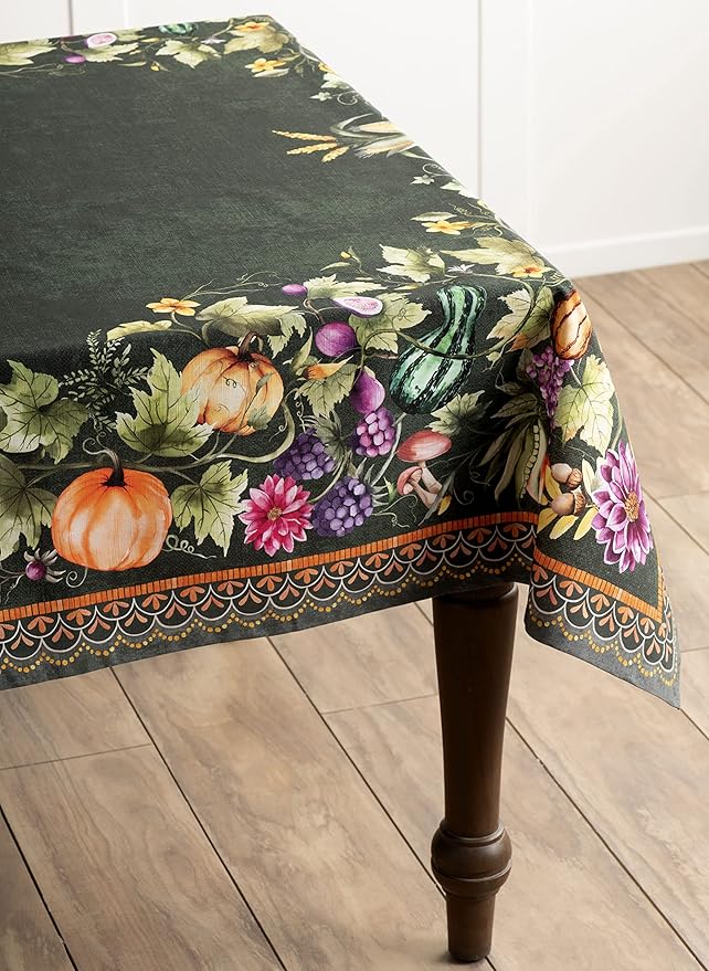 Maison d' Hermine Table Cloth Rectangle Table 100% Cotton 60 x 90 Inches Fall Tablecloth Reusable Everyday Use for Thanksgiving Christmas Decorations Dining Farmhouse (Pumpkin Garden - Dark Green)
