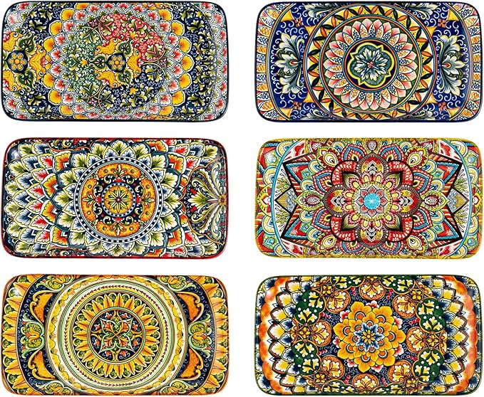 Henten Home Porcelain 10 Inch Dinner Plates, Ceramic Rectangular Salad Plate Set of 6, Bohemian Serving Dishes for Sushi, Pasta, Appetizer, Microwave & Dishwasher Safe