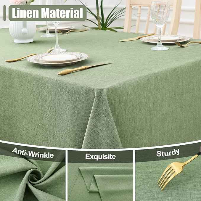 Smiry Rectangle Table Cloth Linen Textured, Waterproof Spillproof Anti-Wrinkle Burlap Tablecloth, Washable Decorative Fabric Table Cover for Dining, Party, Banquet, 60 x 140 Inch, Sage Green