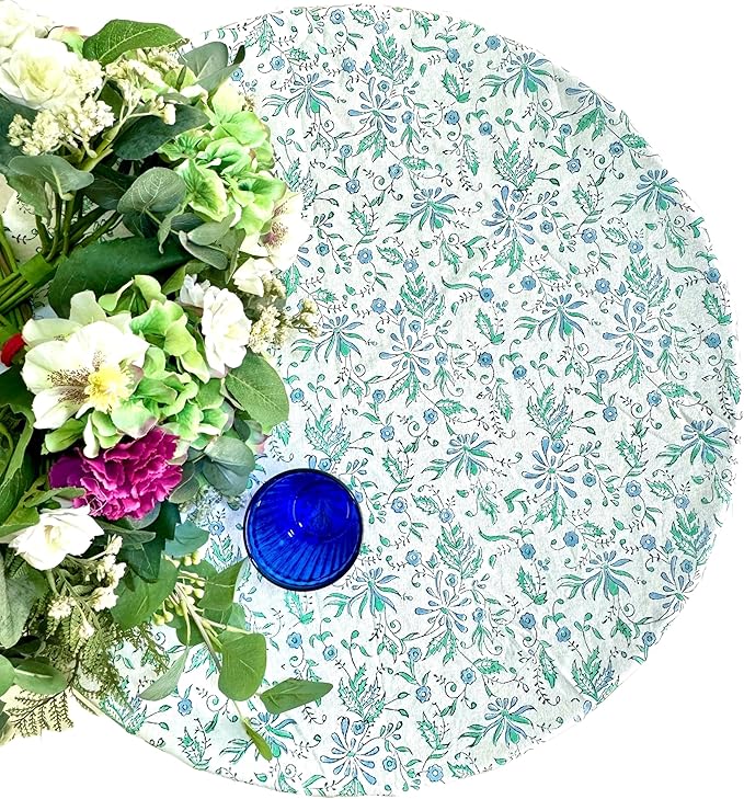 ATOSII Aster Blue 100% Cotton Round Tablecloth, Handblock Print Floral Table Cloth for Kitchen Dining Linen I Parties, Weddings, Outdoors, Easter, Spring Summer Decor I 90" Inches Round