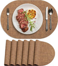 Placemats Set of 6 - Washable Heat Resistant Table Placemats - Wipeable Faux Leather Oval Place Mats, Waterproof Table Mats for Dining Table, Brown
