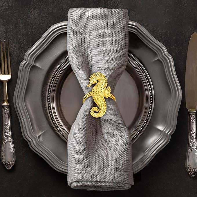 Decozen Set of 4 Gold Napkin Rings in Sea Horse Design, Festive, Table Decor Setting for Holiday, Wedding, Birthday, Kitchen, Home Decor, Housewarming Gift - Mothers Day Decorations