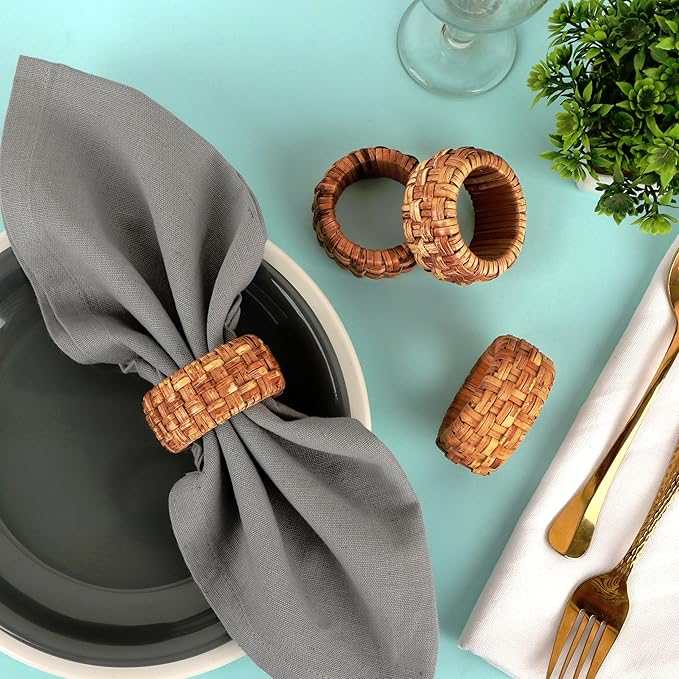Handwoven Napkin Ring Set of 12 - Cane Napkin Rings, Elegant Fall Napkin Rings for Table Decoration, Special Occasions, Easter Table Decor & Gift Giving Ideas (Brown) - CLEENTABLE